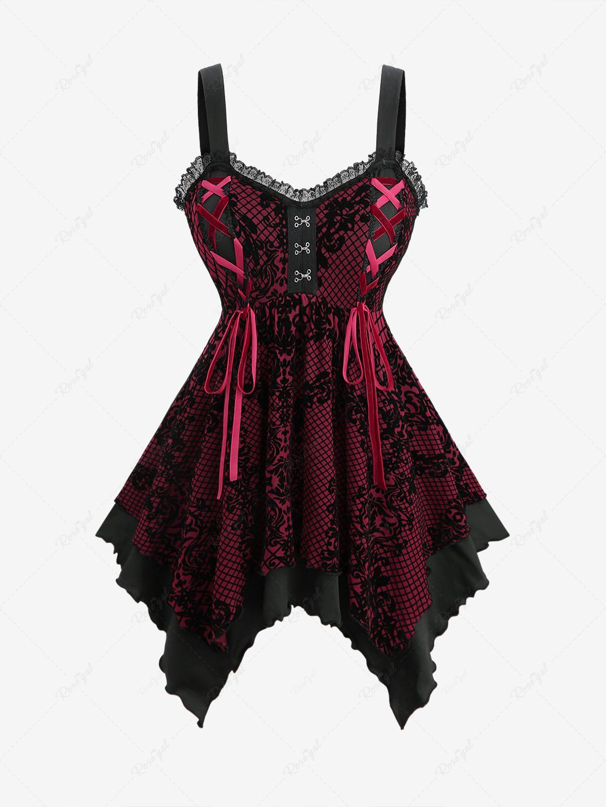 Shops Plus Size Plaid Floral Flocking Lace-up Asymmetrical Lace Trim Tank Top  
