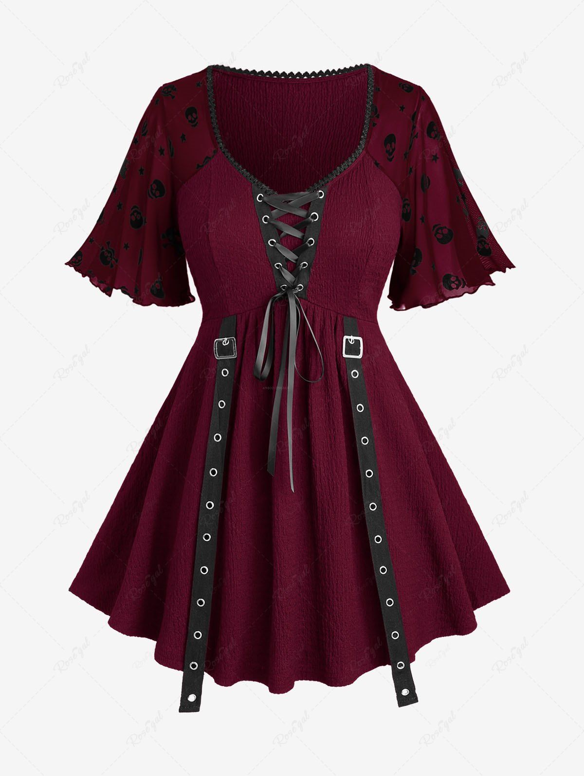 Outfits Plus Size Skulls Stars Mesh Flocking Sleeves Lace Up Grommet Buckle Straps Crinkle Top  