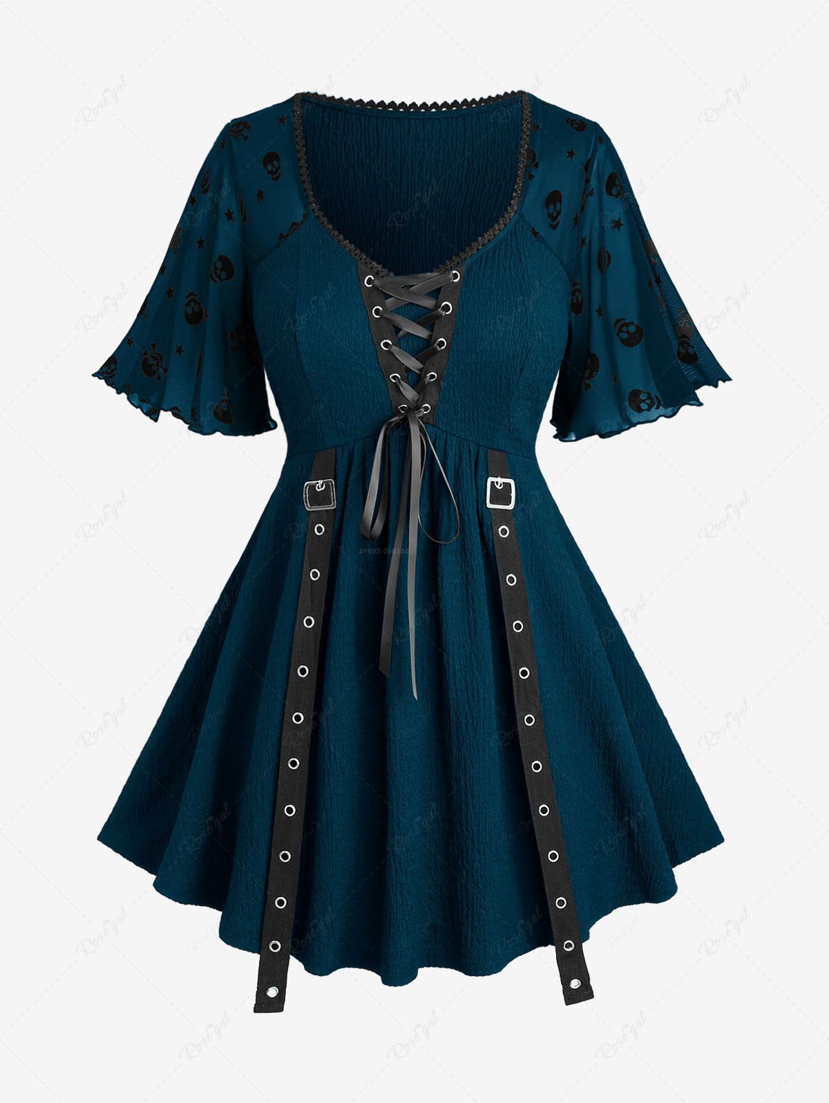 Haut à Bretelle Bouclée Etoile Crâne en Maille Manches à Lacets Grande Taille Vert profond 5x | US 30-32