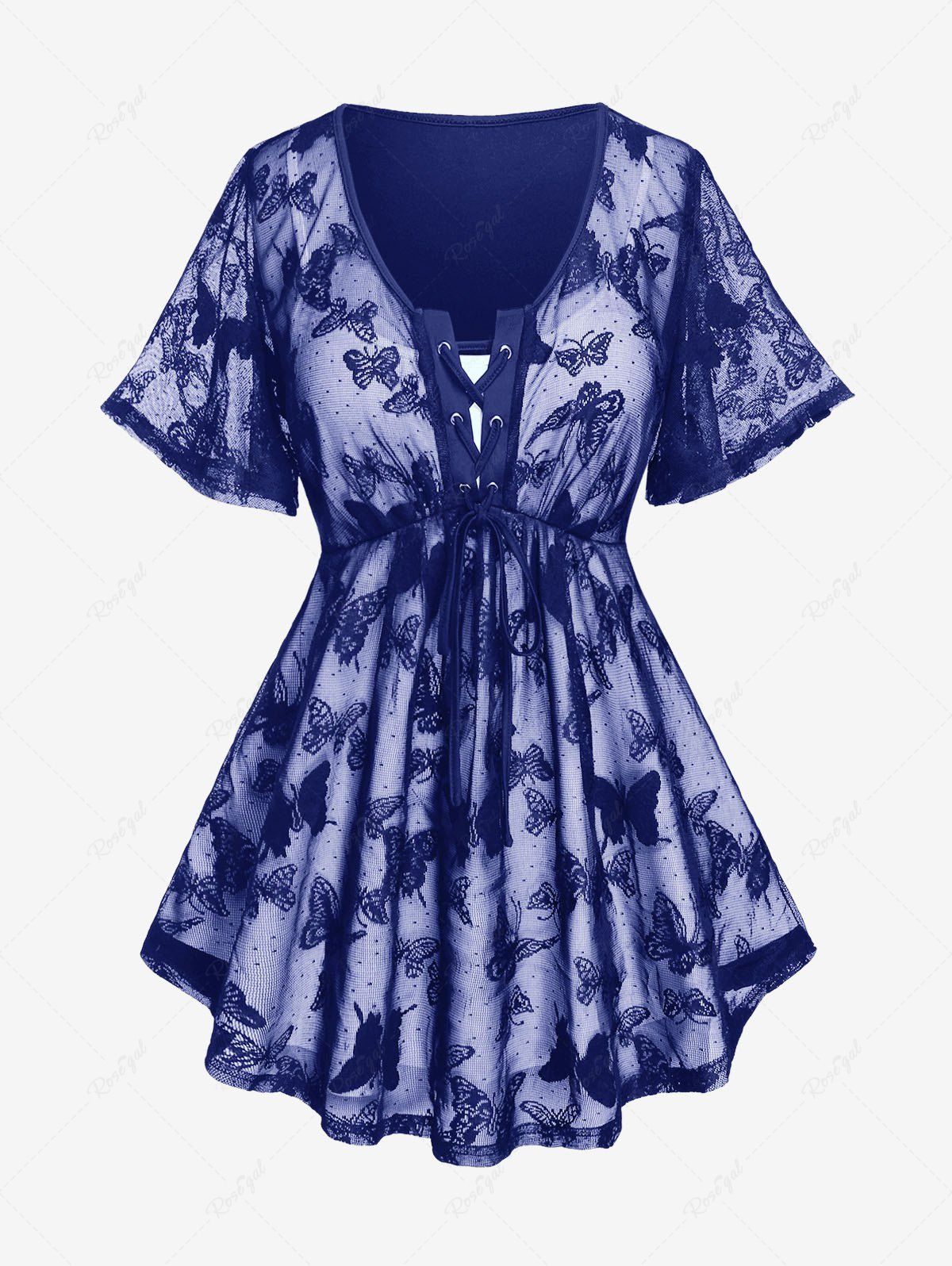 T-shirt 2 en 1 à lacets et superposition de dentelle papillon grande taille Bleu profond 2X | US 18-20