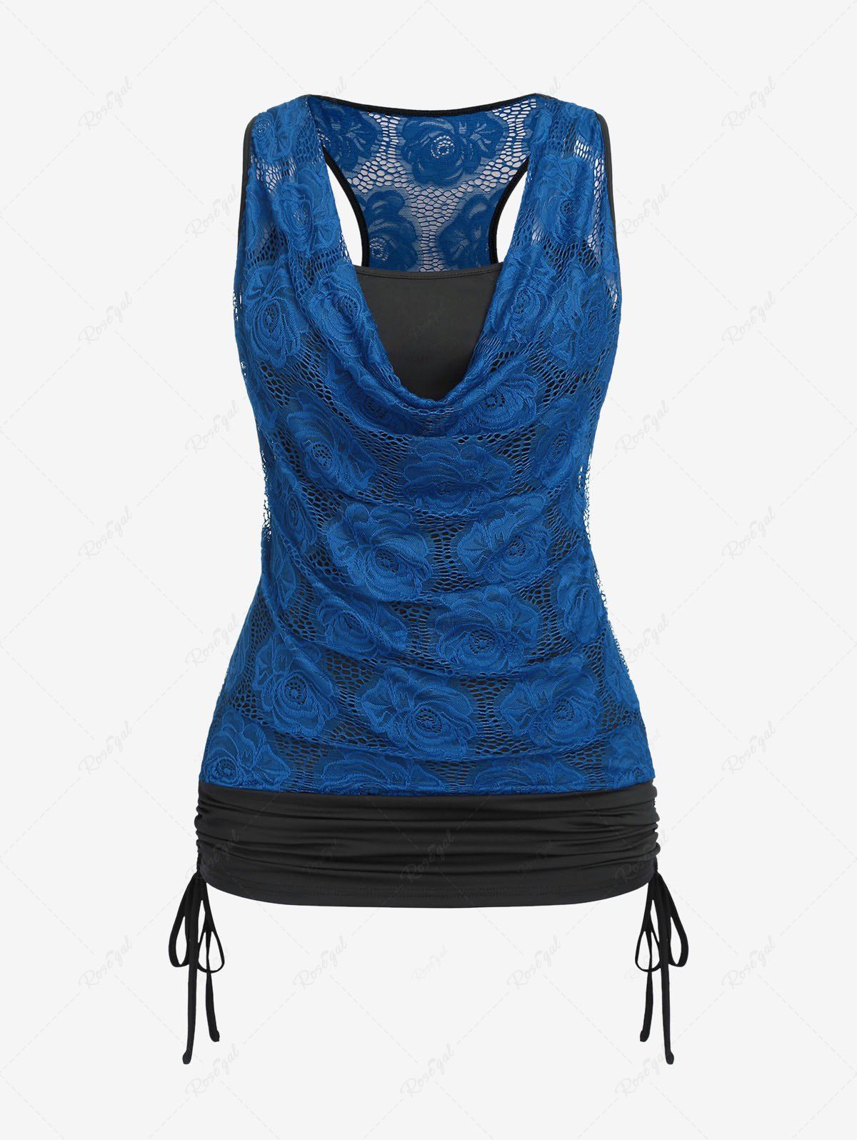 Fashion Plus Size Cowl Neck Cinched Rose Lace Tank Top  