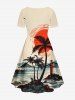 Hawaii Grande Taille Imprimé Soleil D'arbre Derrière la Plage Noir - Beige 