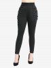 Rose Flower Print Split Layered Ribbed Top and Straps Grommet D-Ring Heart Buckle Leggings Plus Size Outfit -  