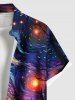Plus Size Oil Painting Galaxy Moon Trees Bridge Print Buttons Pocket Hawaii Shirt For Men -  