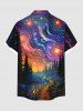 Plus Size Oil Painting Galaxy Moon Trees Bridge Print Buttons Pocket Hawaii Shirt For Men -  