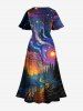 Plus Size Oil Painting Galaxy Moon Trees Bridge Print Split Hawaii Midi Dress -  