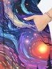 Plus Size Oil Painting Galaxy Moon Trees Bridge Print Split Hawaii Midi Dress -  