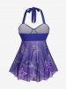 Plus Size Mesh Panel Marine Life Printed Padded Halter Tankini Swimsuit -  