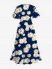 Plus Size Daisy Flower Print Hawaii Split Pocket A Line Midi Dress -  
