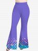 Pantalon Evasé 3D Ecaille de Sirène Imprimée de Grande Taille à Paillettes - Pourpre  S