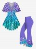 Plus Size 3D Glitter Ombre Mermaid Scales Print Hawaii Lattice T-shirt -  