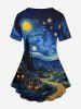 Plus Size Oil Painting Swirls Galaxy Moon Mountains Print T-shirt -  