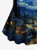Plus Size Oil Painting Swirls Galaxy Moon Mountains Print T-shirt -  