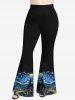 Pantalon Evasé Montagne Peinture à L'Huile Colorée Lune Imprimée de Grande Taille - Noir L