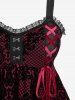 Plus Size Plaid Floral Flocking Lace-up Asymmetrical Lace Trim Tank Top -  