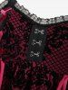 Plus Size Plaid Floral Flocking Lace-up Asymmetrical Lace Trim Tank Top -  