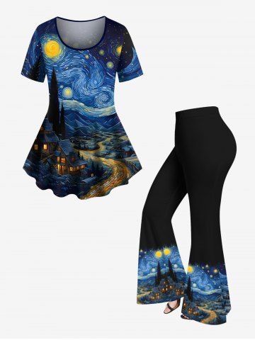 Oil Painting Swirls Galaxy Moon Mountains Print Plus Size Matching Set - BLACK