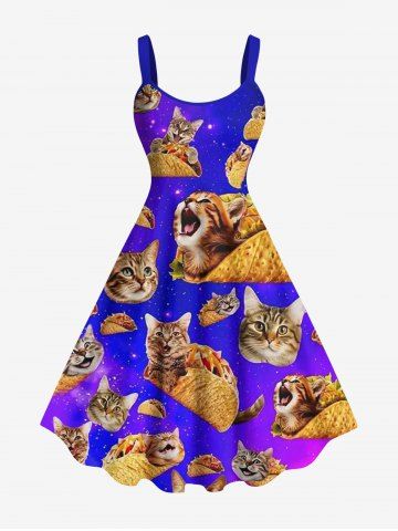 Plus Size Galaxy Ombre Cat Potato Chips Print Hawaii Tank Dress - PURPLE - L