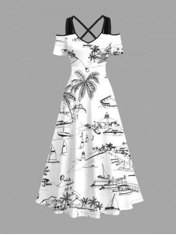 Plus Size Coconut Tree Ship Seascape Print Cold Shoulder Crisscross Hawaii Cruise Maxi Dress - WHITE - XXS