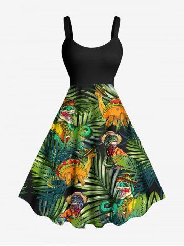 Plus Size Tropical Leaf Dinosaur Print Hawaii Tank Dress - GREEN - XS