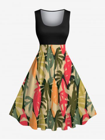 Plus Size Colorful Coconut Tree Colorblock Print Hawaii 1950s Vintage Swing A Line Dress - BLACK - M