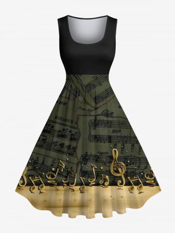 Plus Size Music Symbol Print Hawaii Ombre 1950s Vintage Swing A Line Dress - BLACK - 3X