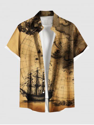 Chemise Vintage Cocon Grande Taille Imprimé Carte Artificielles avec Poche Frontale pour Homme