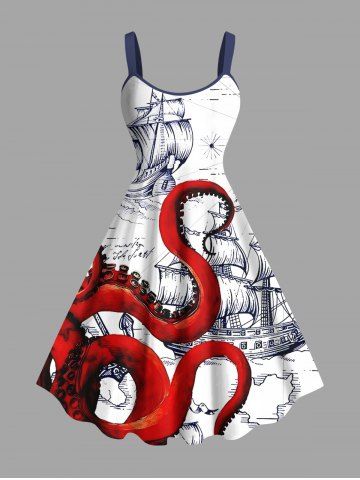 Plus Size Octopus Sailboat Print Hawaii Cruise A Line Tank Dress - WHITE - 2X
