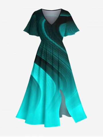 Plus Size Ombre Colorblock Curve Print Split Hawaii Midi Dress - GREEN - 4X