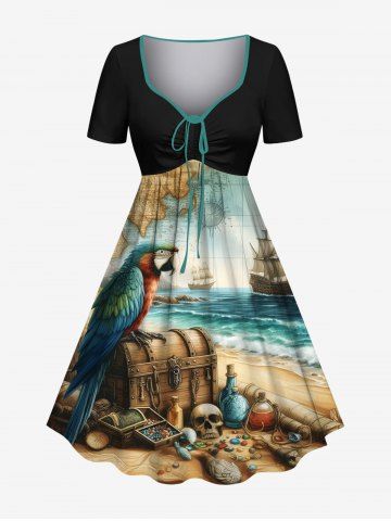 Plus Size Distressed Sailboat Sea Wave Map Parrot Treasure Chest Skull Print Hawaii Vintage Cruise Cinched A Line Dress - BLACK - 1X