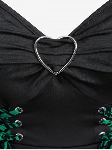 Plus Size Floral Flocking Tulip Hem Layered Ruffles Lace Up Ruched Heart Buckles Tank Top