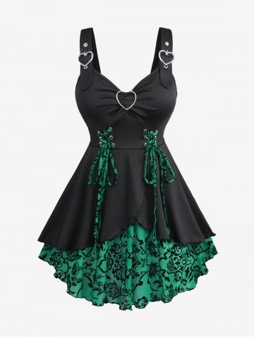 Plus Size Floral Flocking Tulip Hem Layered Ruffles Lace Up Ruched Heart Buckles Tank Top - GREEN - 5X | US 30-32