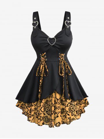 Plus Size Floral Flocking Tulip Hem Layered Ruffles Lace Up Ruched Heart Buckles Tank Top - YELLOW - L | US 12