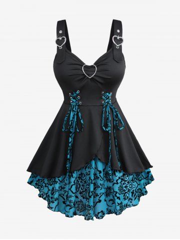 Plus Size Floral Flocking Tulip Hem Layered Ruffles Lace Up Ruched Heart Buckles Tank Top - BLUE - 5X | US 30-32
