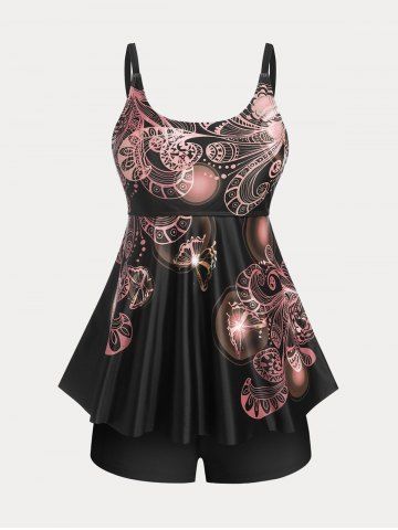 Maillot de bain tankini rembourré papillon grande taille et coupe shorty, modèle pudique, taille plus. - ORANGE - 5X