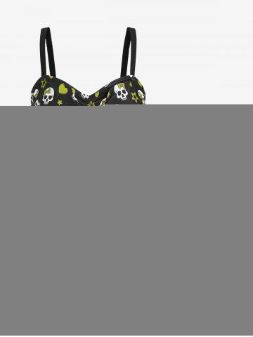 Plus Size Skull Bowknot Heart Stars Print Boyleg Tankini Swimsuit - GREEN - 2X | US 18-20