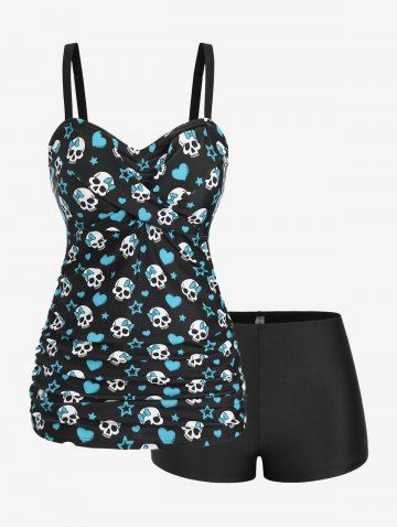 Plus Size Skull Bowknot Heart Stars Print Boyleg Tankini Swimsuit - SLATE BLUE - 2X | US 18-20