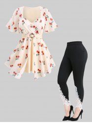 Cherry Fruit Waffle Plaid Print Buckle Crisscross Ruched Blouse and Appliques Leggings Plus Size Outfit -  
