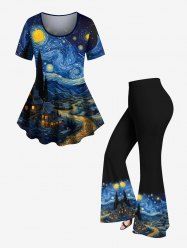 Oil Painting Swirls Galaxy Moon Mountains Print Plus Size Matching Set -  