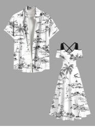 Coconut Tree Ship Seascape Print Plus Size Matching Hawaii Beach Outfit For Couples -  