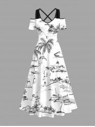 Plus Size Coconut Tree Ship Seascape Print Cold Shoulder Crisscross Hawaii Cruise Maxi Dress -  