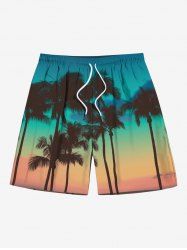 Plus Size Coconut Tree Ombre Sky Print Hawaii Drawstring Beach Shorts For Men -  