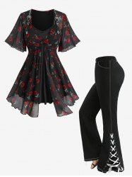 Flower Leaf Print Twist PU Strap 2 in 1 Blouse and Split Lace Up Pocket Flare Pants Plus Size Outfit -  