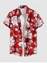 Plus Size Floral Leaves Two Tone Print Hawaii Button Pocket Shirt For Men -  