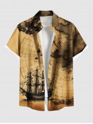 Plus Size Distressed Vintage Map Sailboat Print Hawaii Cruise Button Pocket Shirt For Men -  