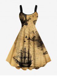 Plus Size Distressed Vintage Map Sailboat Print Hawaii Cruise A Line Tank Dress -  