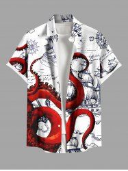Plus Size Octopus Sailboat Print Hawaii Cruise Button Pocket Shirt For Men -  