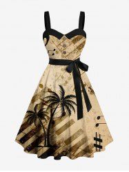 Plus Size Distressed Coconut Tree Music Symbol Piano Print Hawaii Turn-down Button A Line Dress with Removable Belt -  