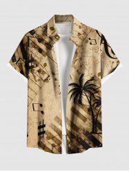 Plus Size Distressed Coconut Tree Music Symbol Piano Print Hawaii Button Pocket Shirt For Men -  