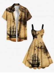 Distressed Vintage Map Sailboat Cruise Print Plus Size Matching Beach Shirts and Dress Outfit For Couples -  